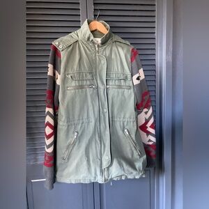 Olive Green Anorak Jacket with Aztec Knit Sleeves